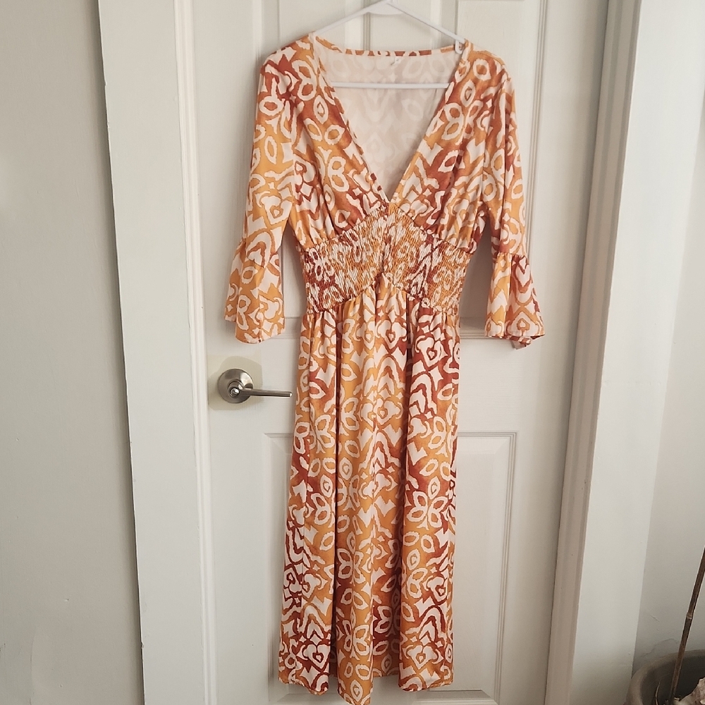 Boho Smocked Midi Dress | Peach & Cream V-Neck Flowy Dress - Picture 2 of 4